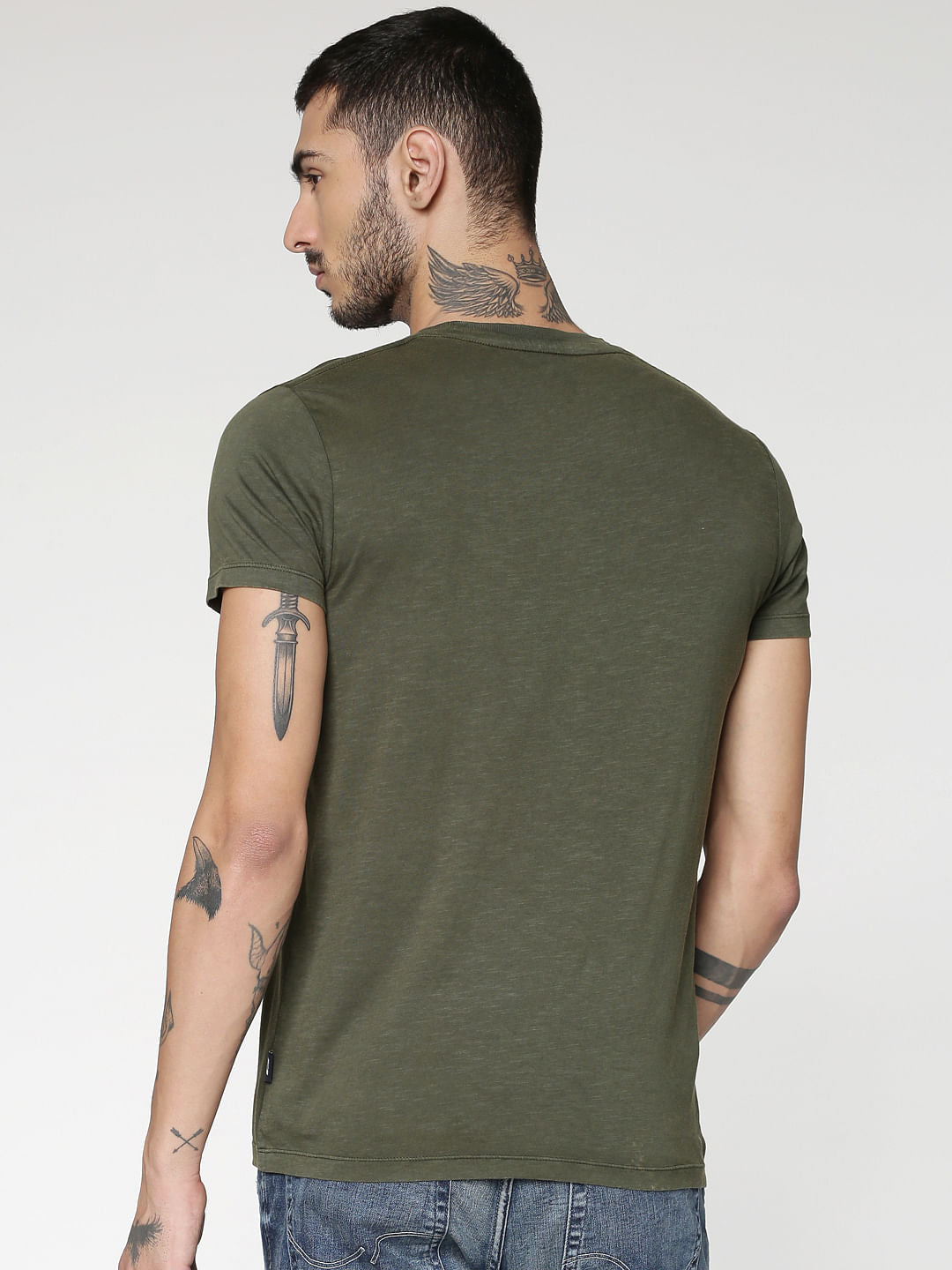 Green Text Print Slim Fit Crew Neck T-Shirt