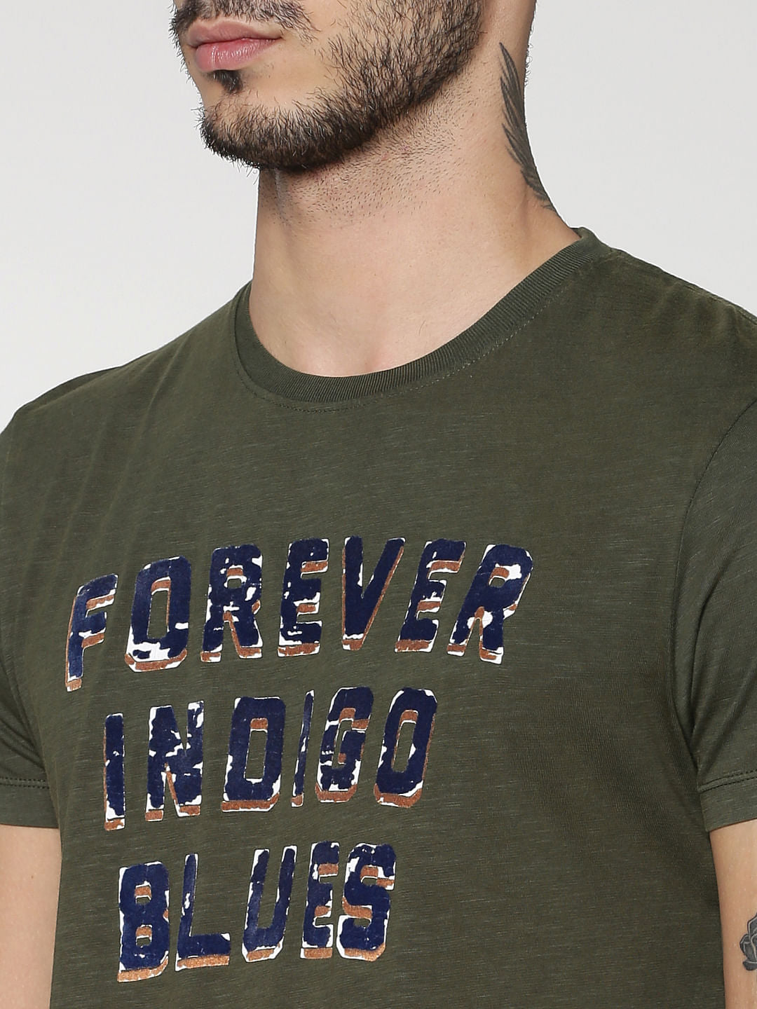 Green Text Print Slim Fit Crew Neck T-Shirt