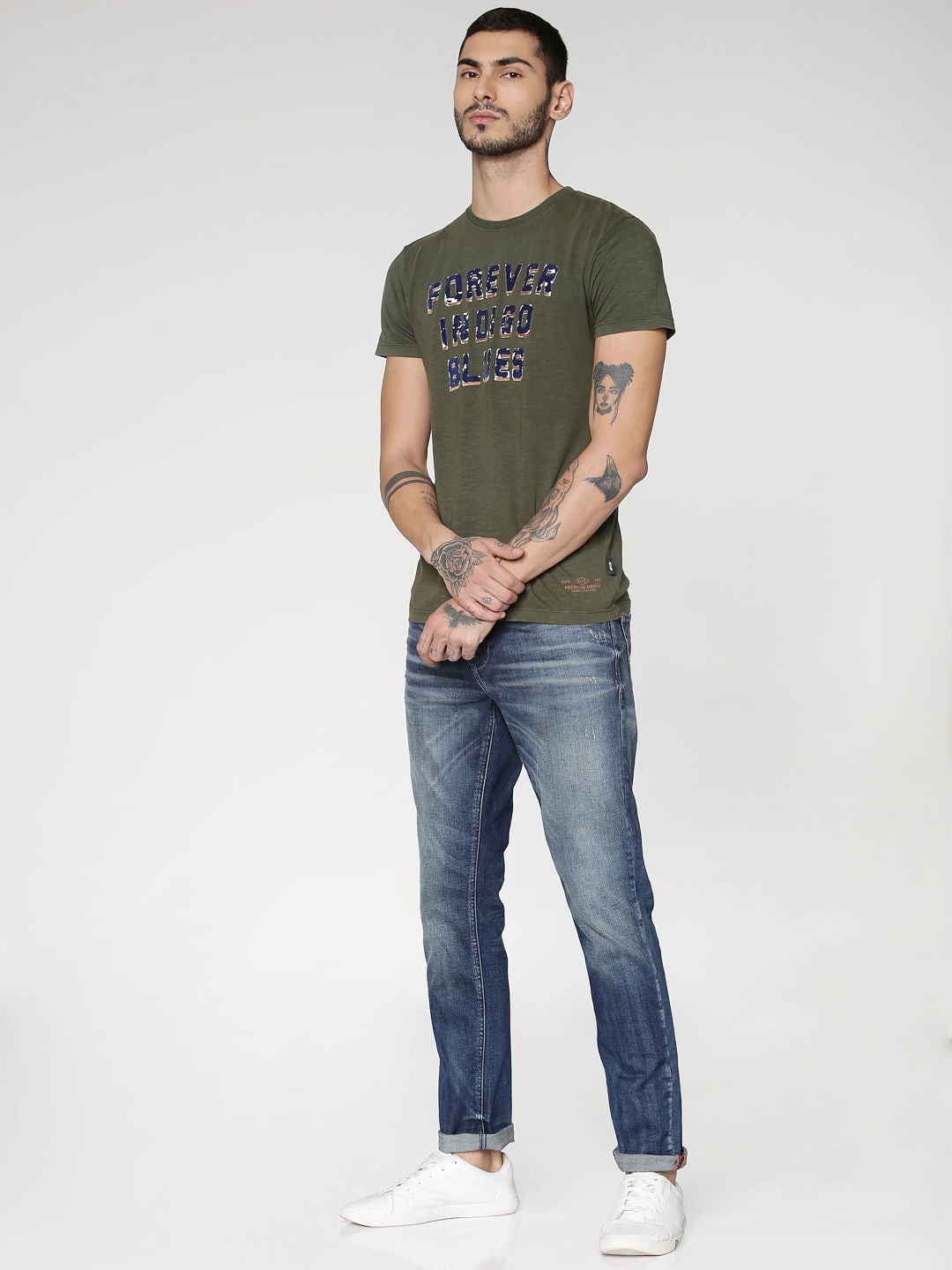 Green Text Print Slim Fit Crew Neck T-Shirt