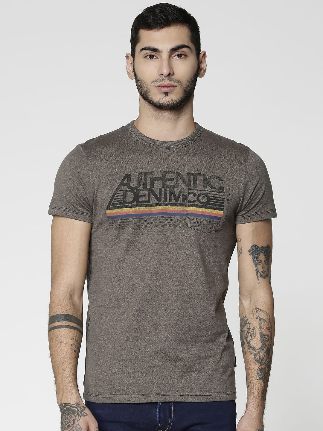 Grey Colour Blocked Striped Slim Fit Crew Neck T-Shirt