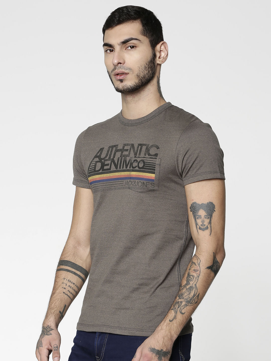 Grey Colour Blocked Striped Slim Fit Crew Neck T-Shirt