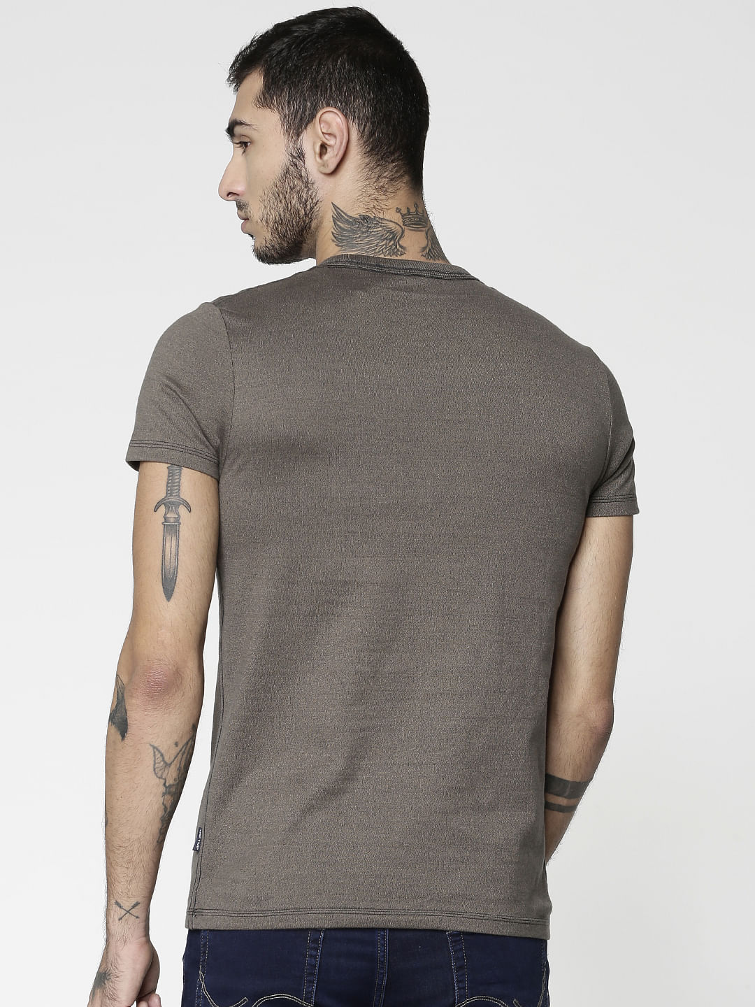 Grey Colour Blocked Striped Slim Fit Crew Neck T-Shirt