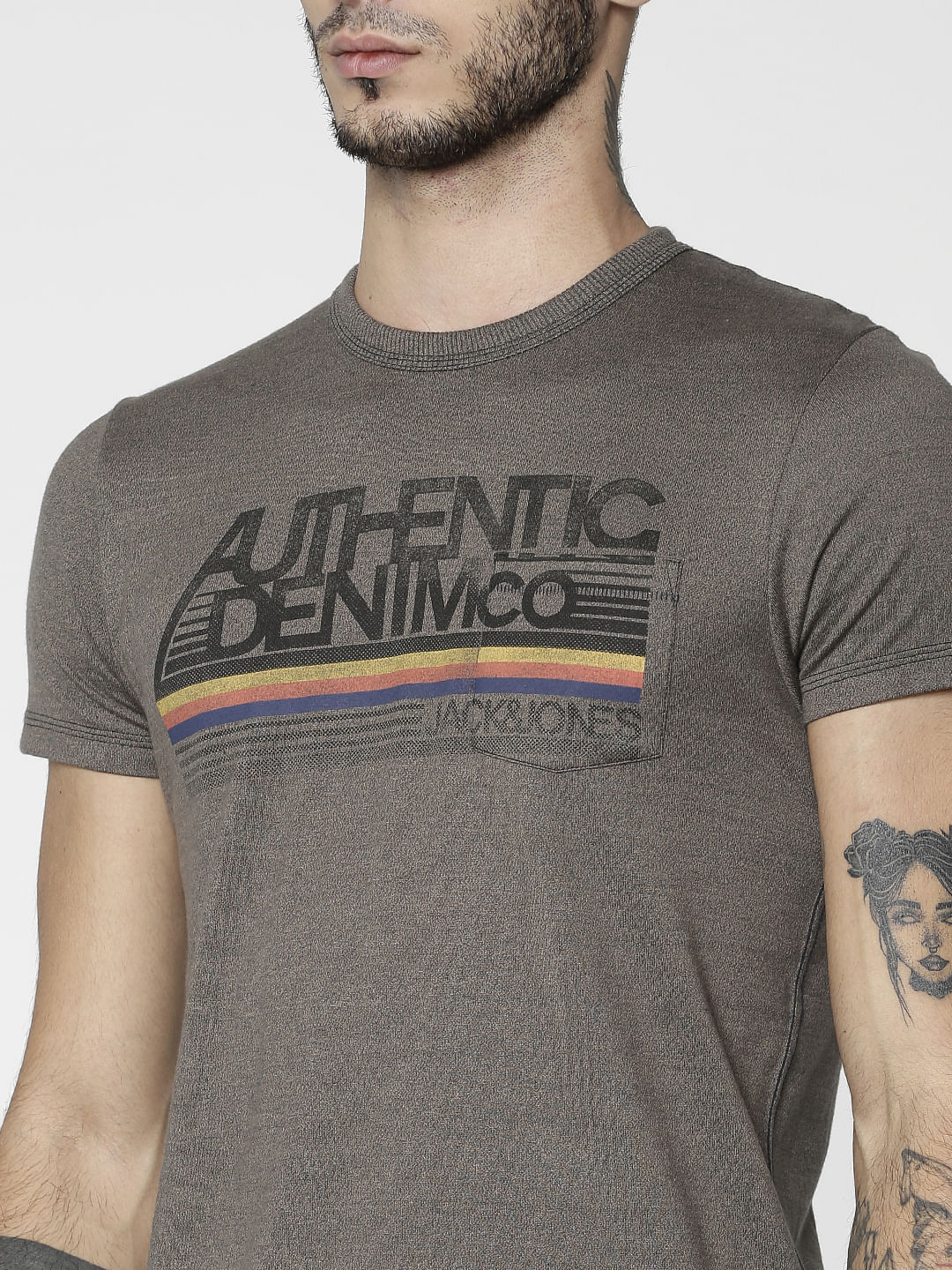 Grey Colour Blocked Striped Slim Fit Crew Neck T-Shirt
