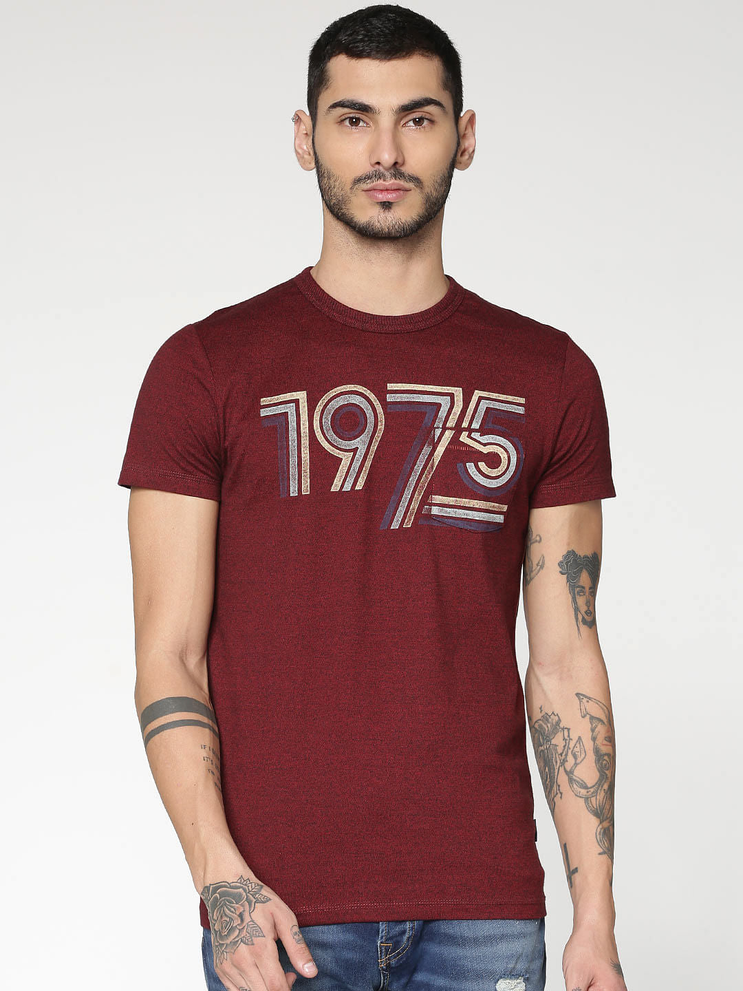 Maroon Numeric Print Crew Neck T-Shirt - S