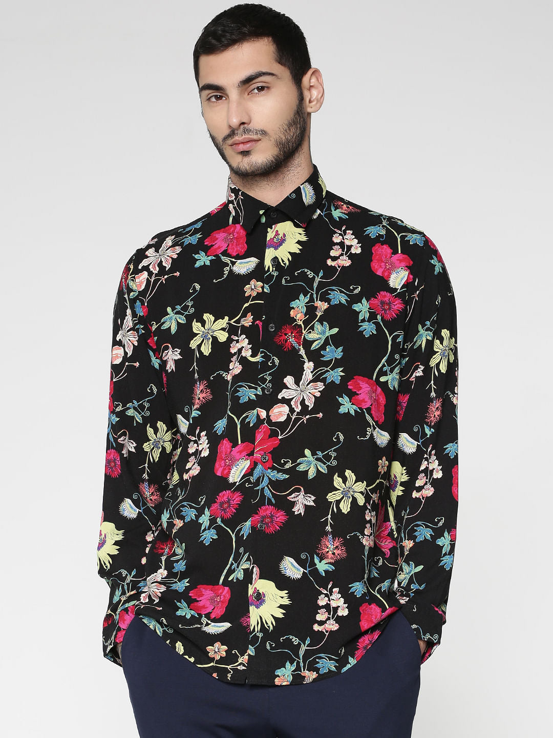 Black All Over Floral Print Slim Fit Full Sleeves Shirt - S