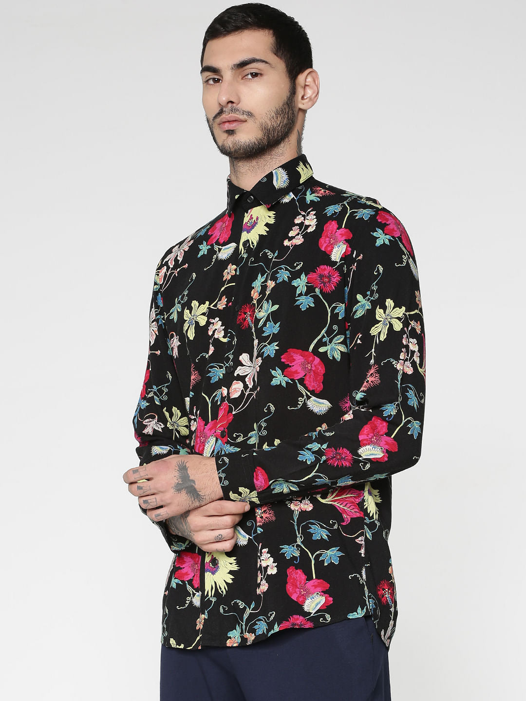 Black All Over Floral Print Slim Fit Full Sleeves Shirt
