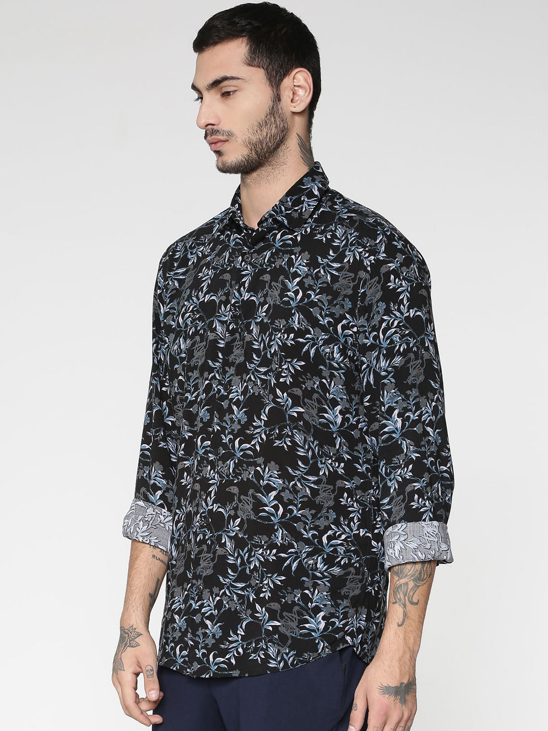 Grey All Over Floral Print Slim Fit Full Sleeves Shirt - S