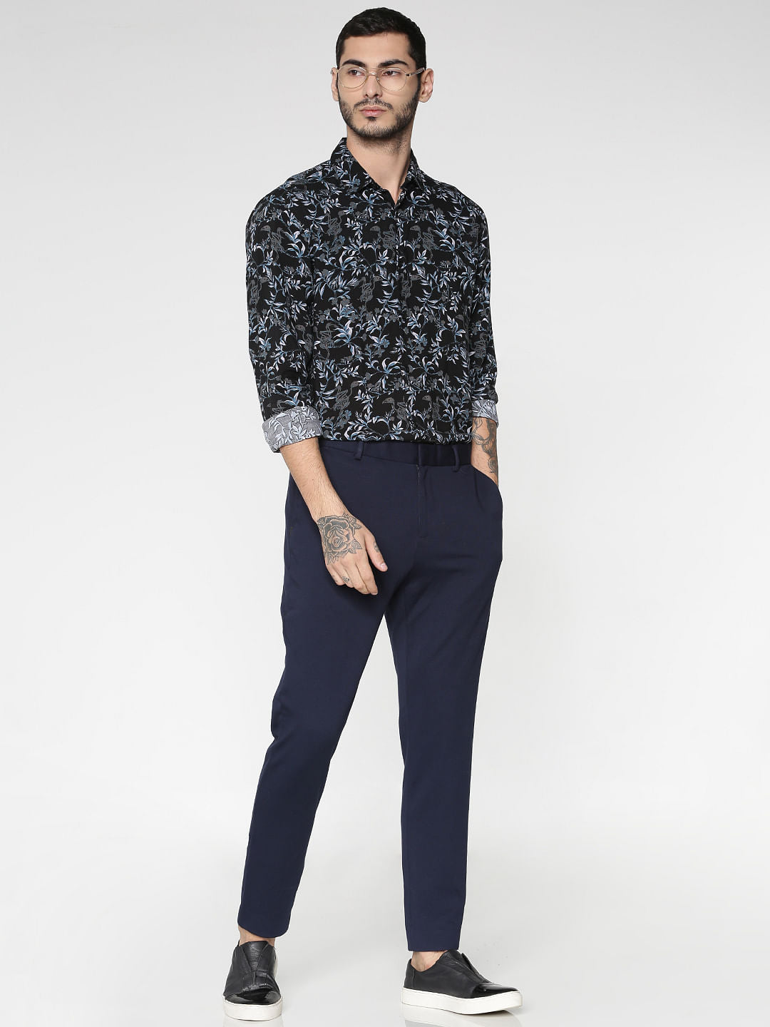 Grey All Over Floral Print Slim Fit Full Sleeves Shirt