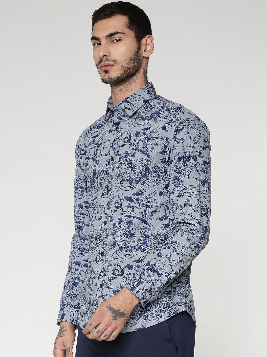 Blue All Over Floral Print Slim Fit Full Sleeves Shirt - S