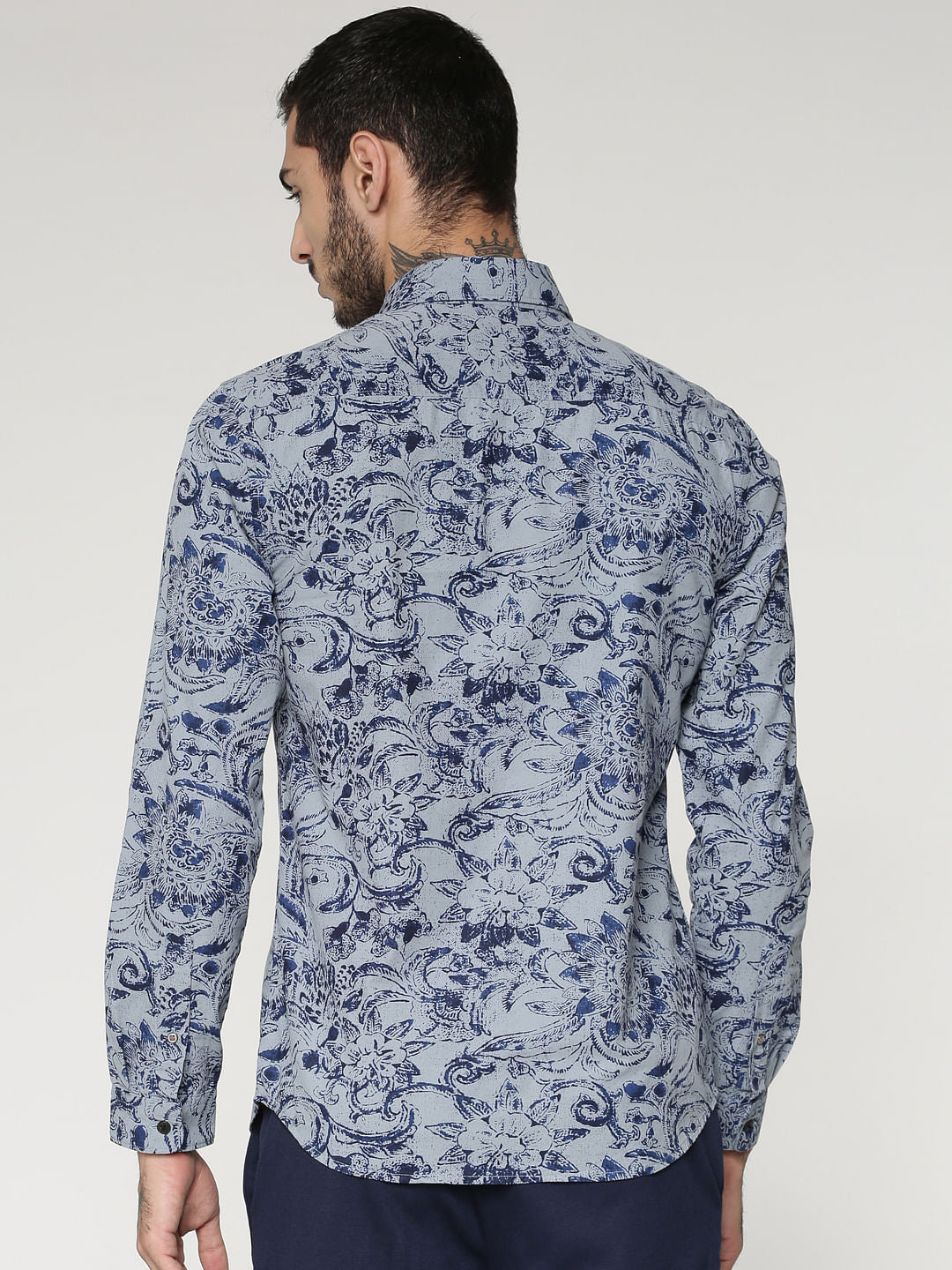 Blue All Over Floral Print Slim Fit Full Sleeves Shirt