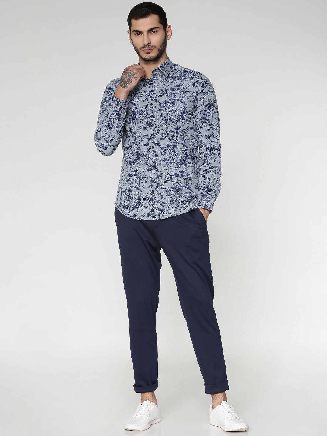 Blue All Over Floral Print Slim Fit Full Sleeves Shirt