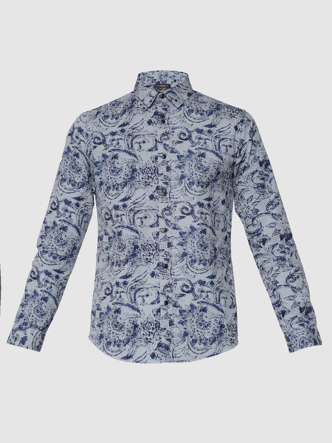 Blue All Over Floral Print Slim Fit Full Sleeves Shirt