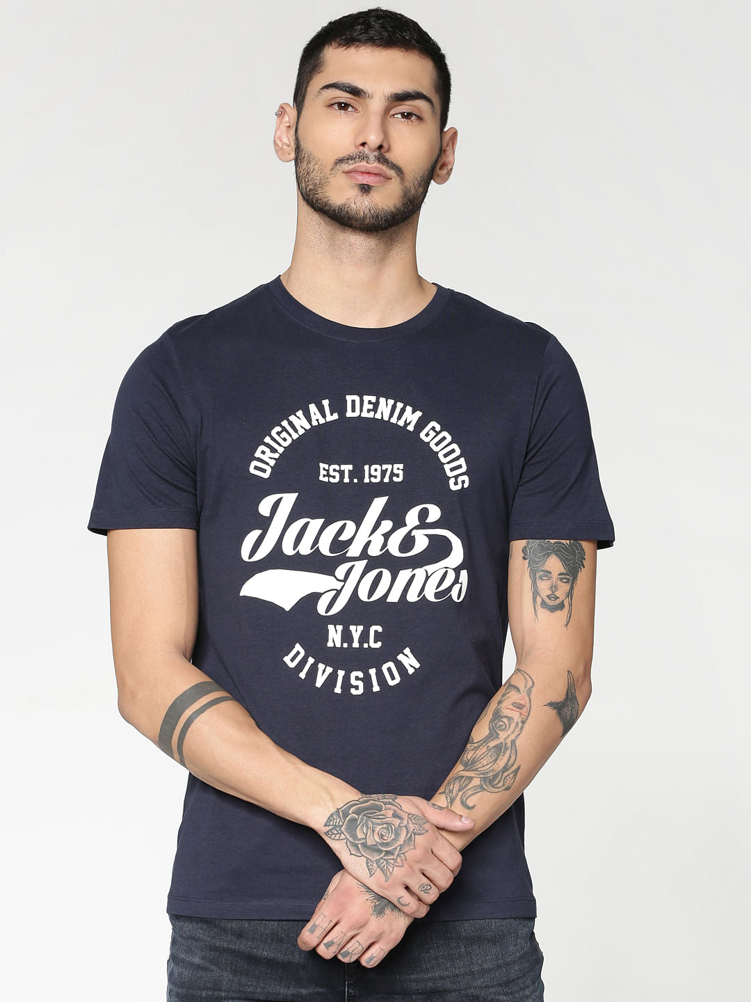 Blue Text Print Slim Fit Crew Neck T-Shirt - S