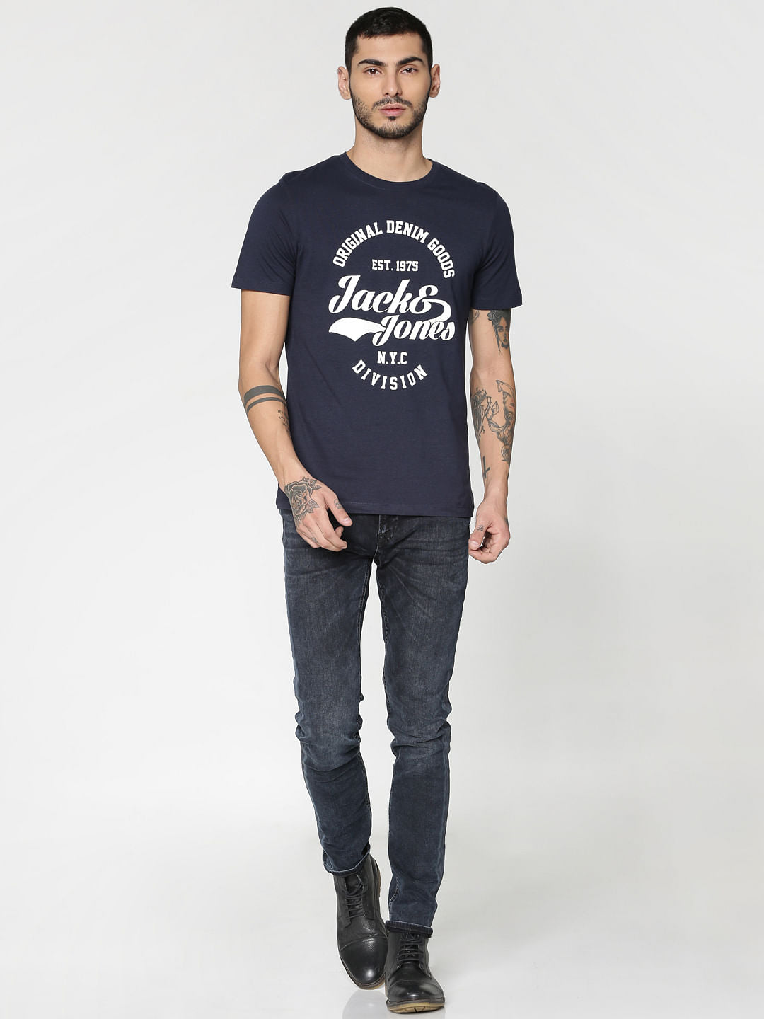 Blue Text Print Slim Fit Crew Neck T-Shirt