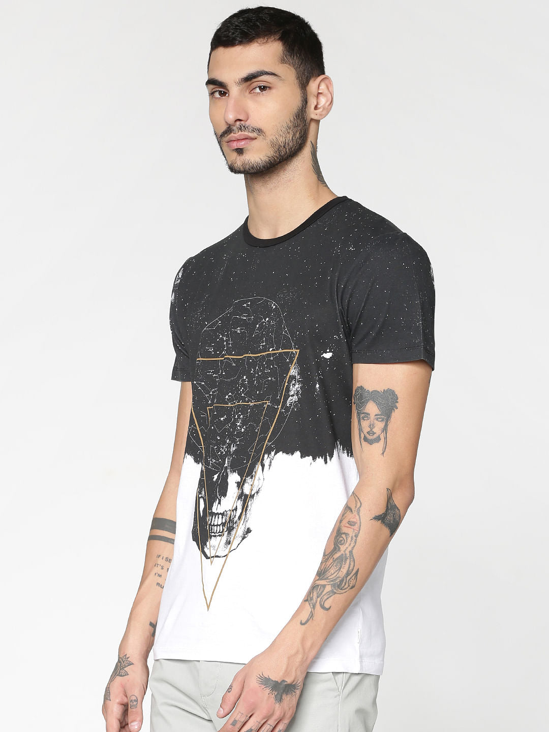 White And Black Graphic Print Slim Fit Crew Neck T-Shirt - S