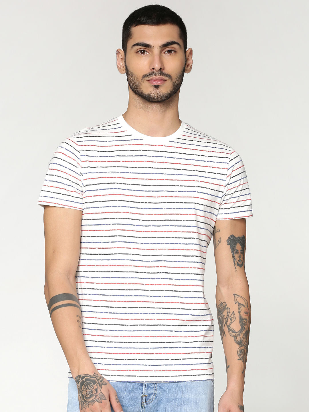 White Striped Crew Neck T-Shirt - S