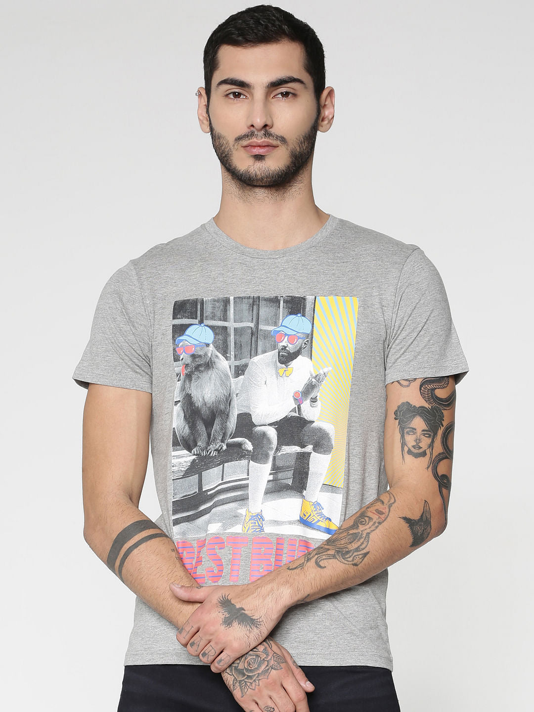 Grey Graphic Print Crew Neck T-Shirt - S