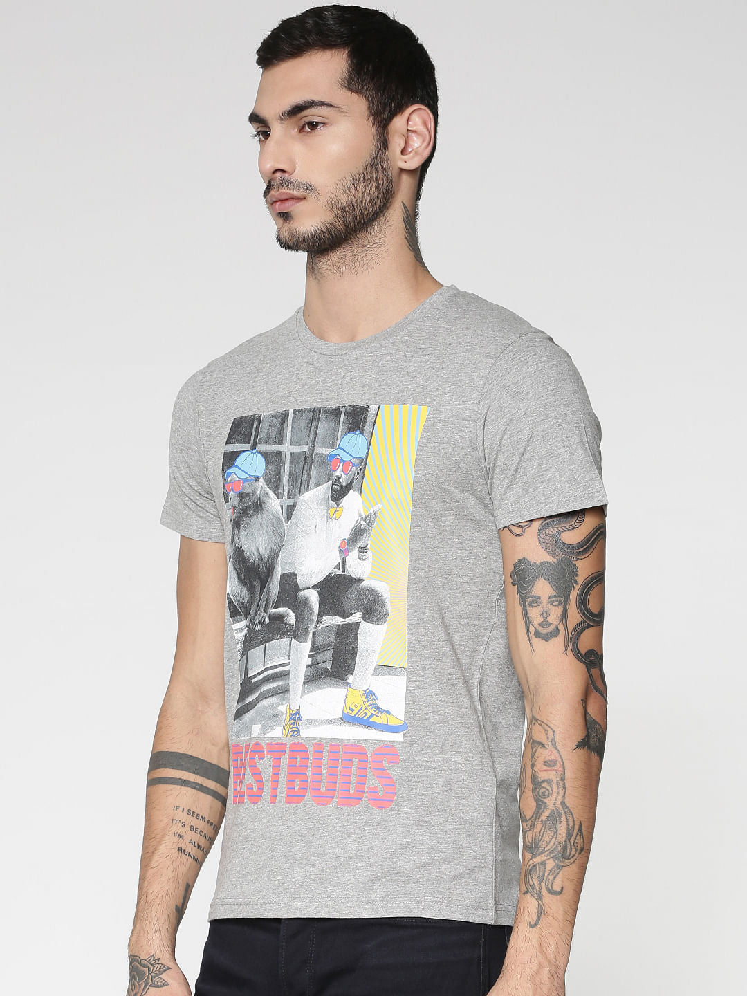 Grey Graphic Print Crew Neck T-Shirt
