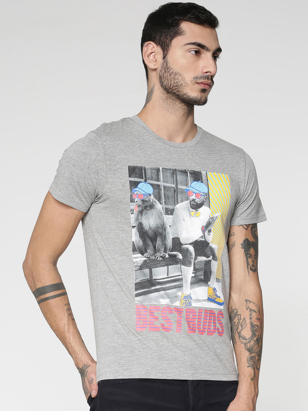Grey Graphic Print Crew Neck T-Shirt