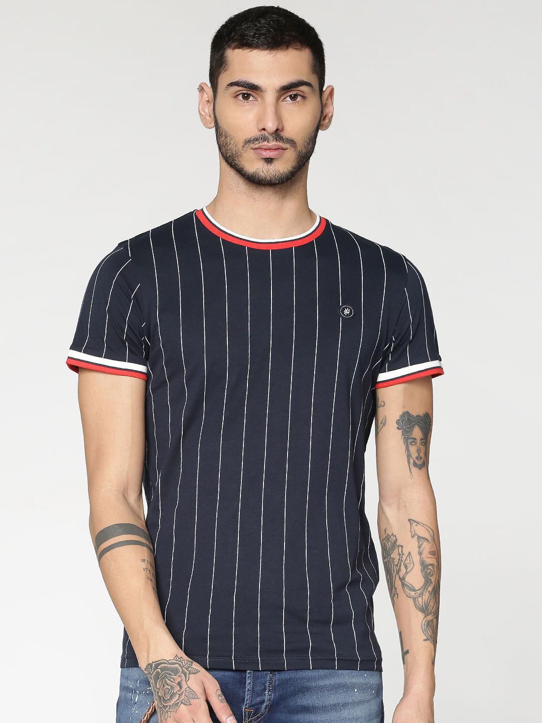 Blue Striped Contrasting Sleeve And Collar Tipping Crew Neck T-Shirt