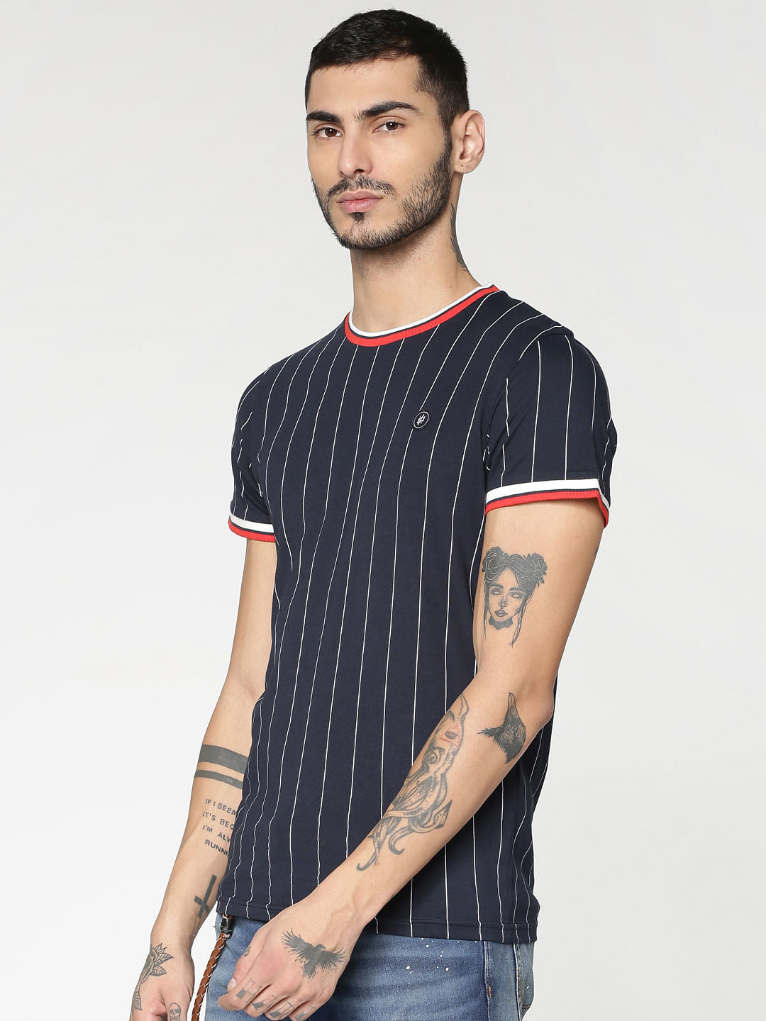 Blue Striped Contrasting Sleeve And Collar Tipping Crew Neck T-Shirt