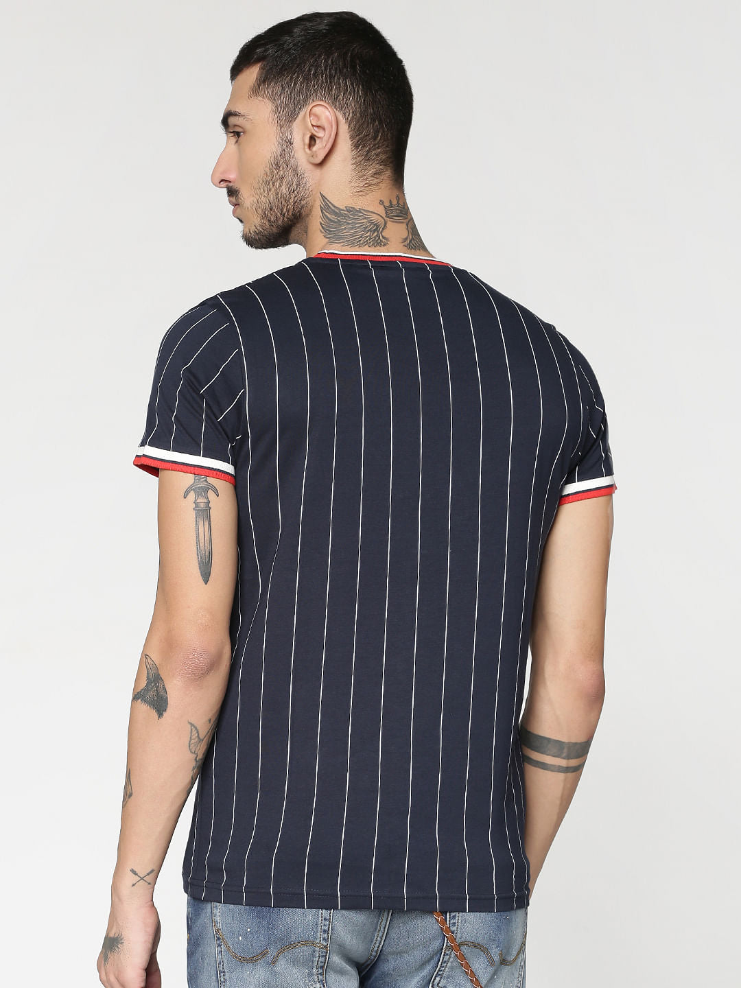 Blue Striped Contrasting Sleeve And Collar Tipping Crew Neck T-Shirt