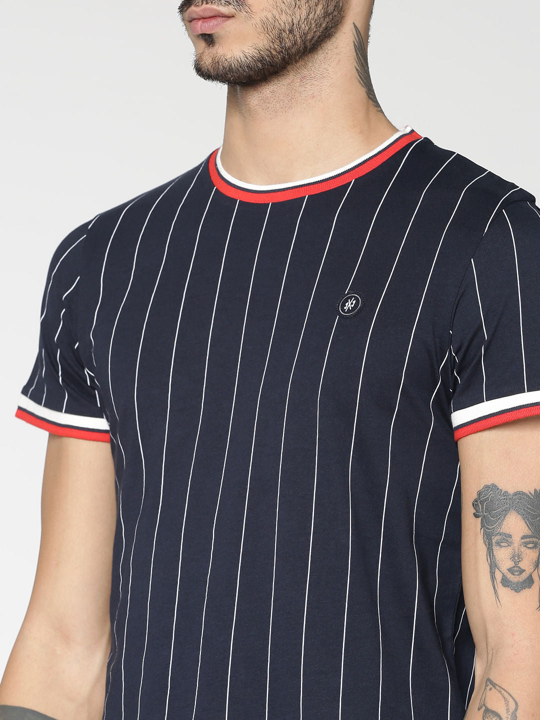 Blue Striped Contrasting Sleeve And Collar Tipping Crew Neck T-Shirt
