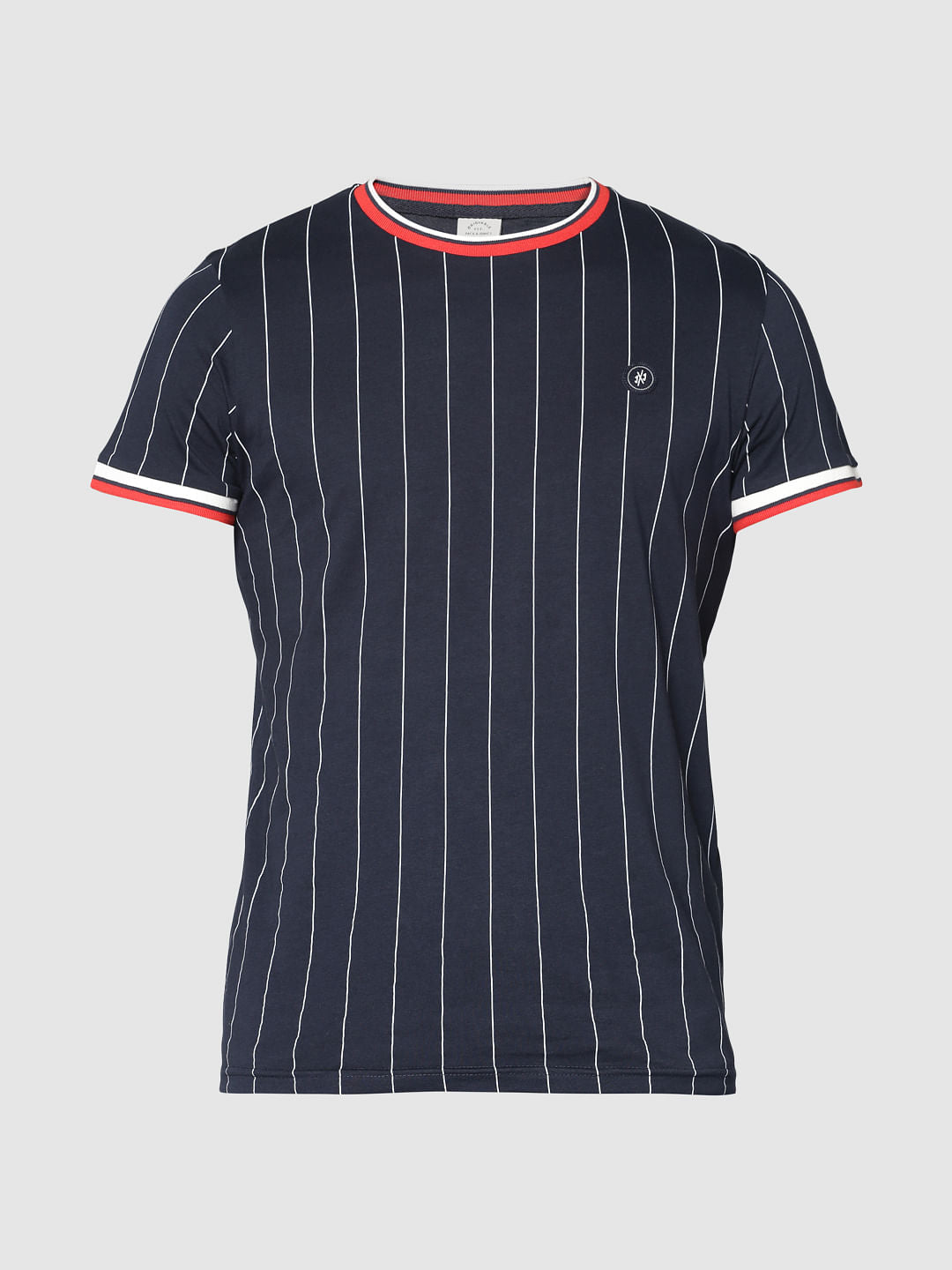 Blue Striped Contrasting Sleeve And Collar Tipping Crew Neck T-Shirt