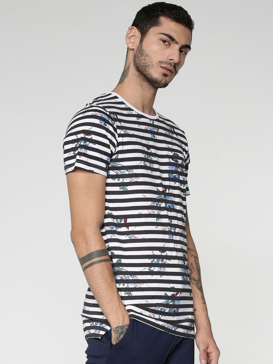 White Striped Floral Print Crew Neck T-Shirt