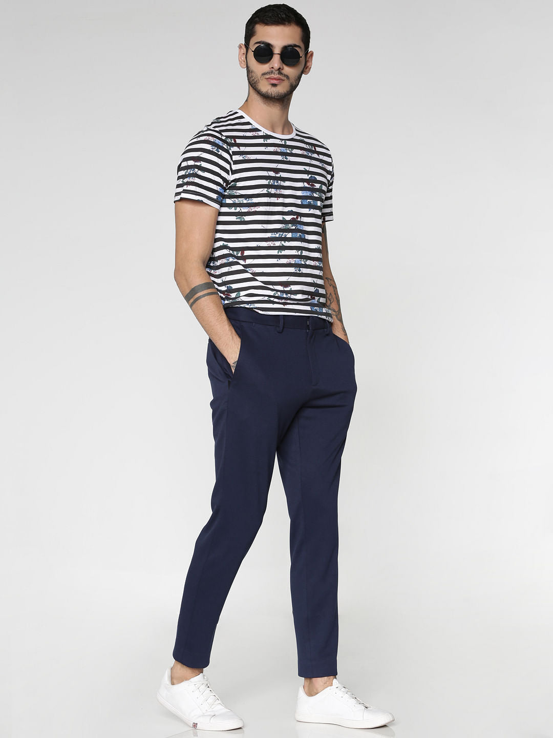 White Striped Floral Print Crew Neck T-Shirt
