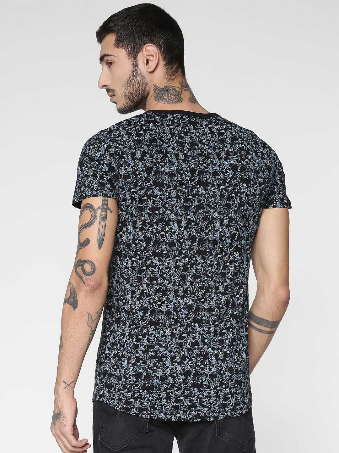 Black All Over Floral Print Slim Fit Crew Neck T-Shirt