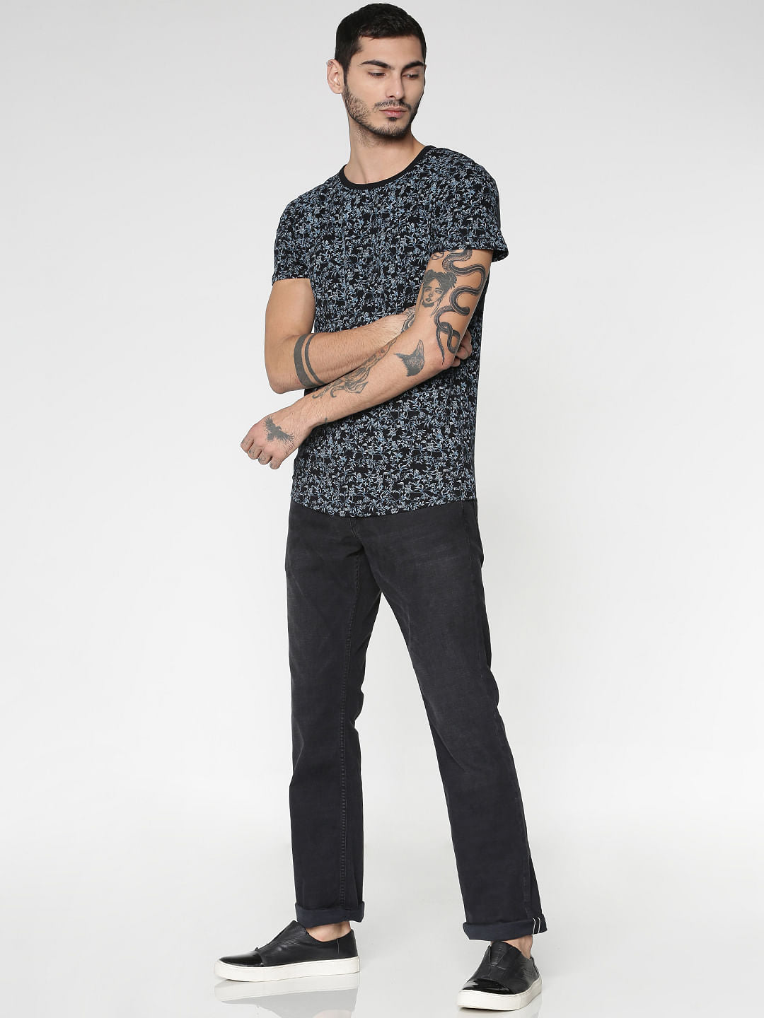 Black All Over Floral Print Slim Fit Crew Neck T-Shirt