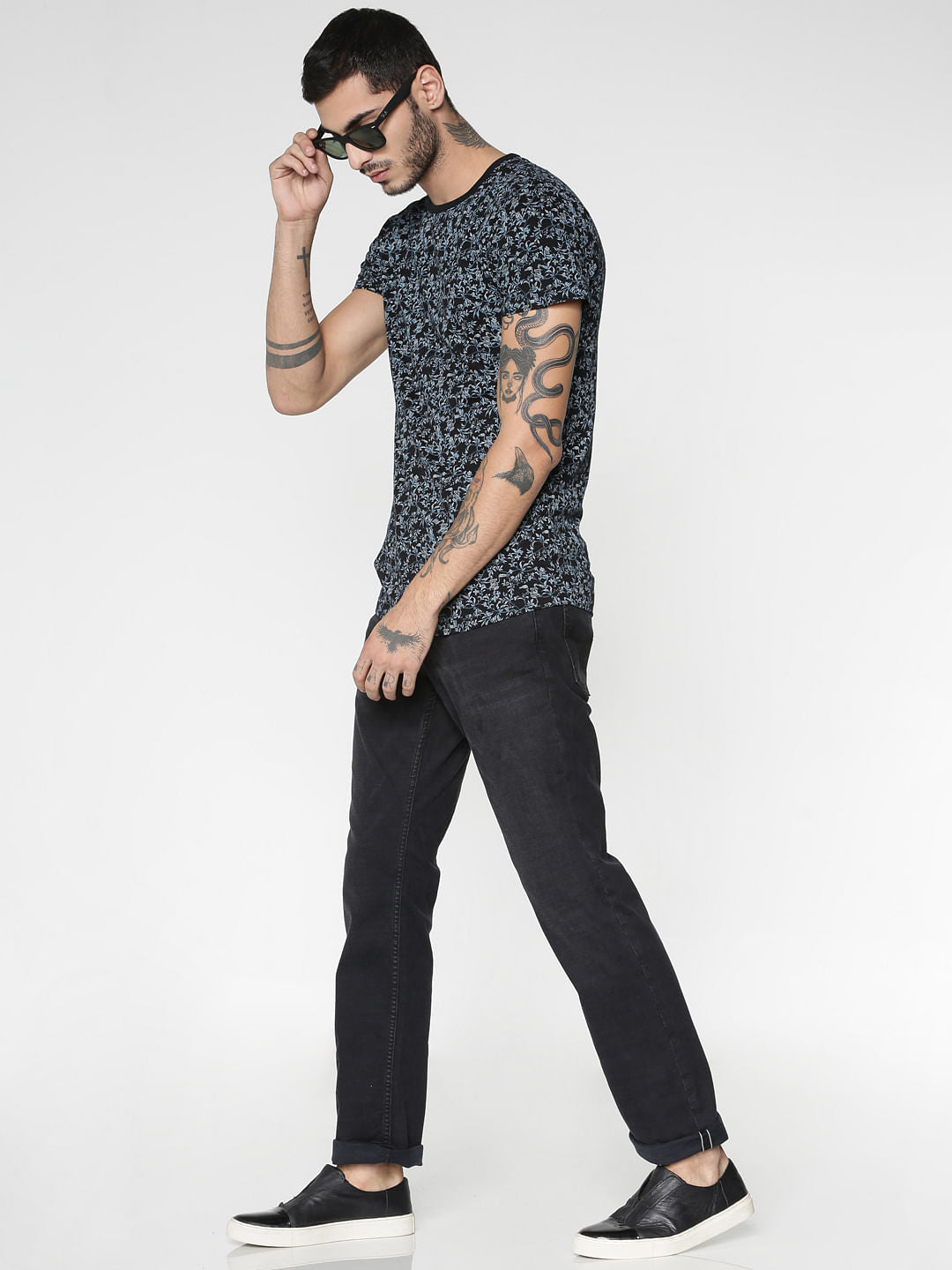 Black All Over Floral Print Slim Fit Crew Neck T-Shirt