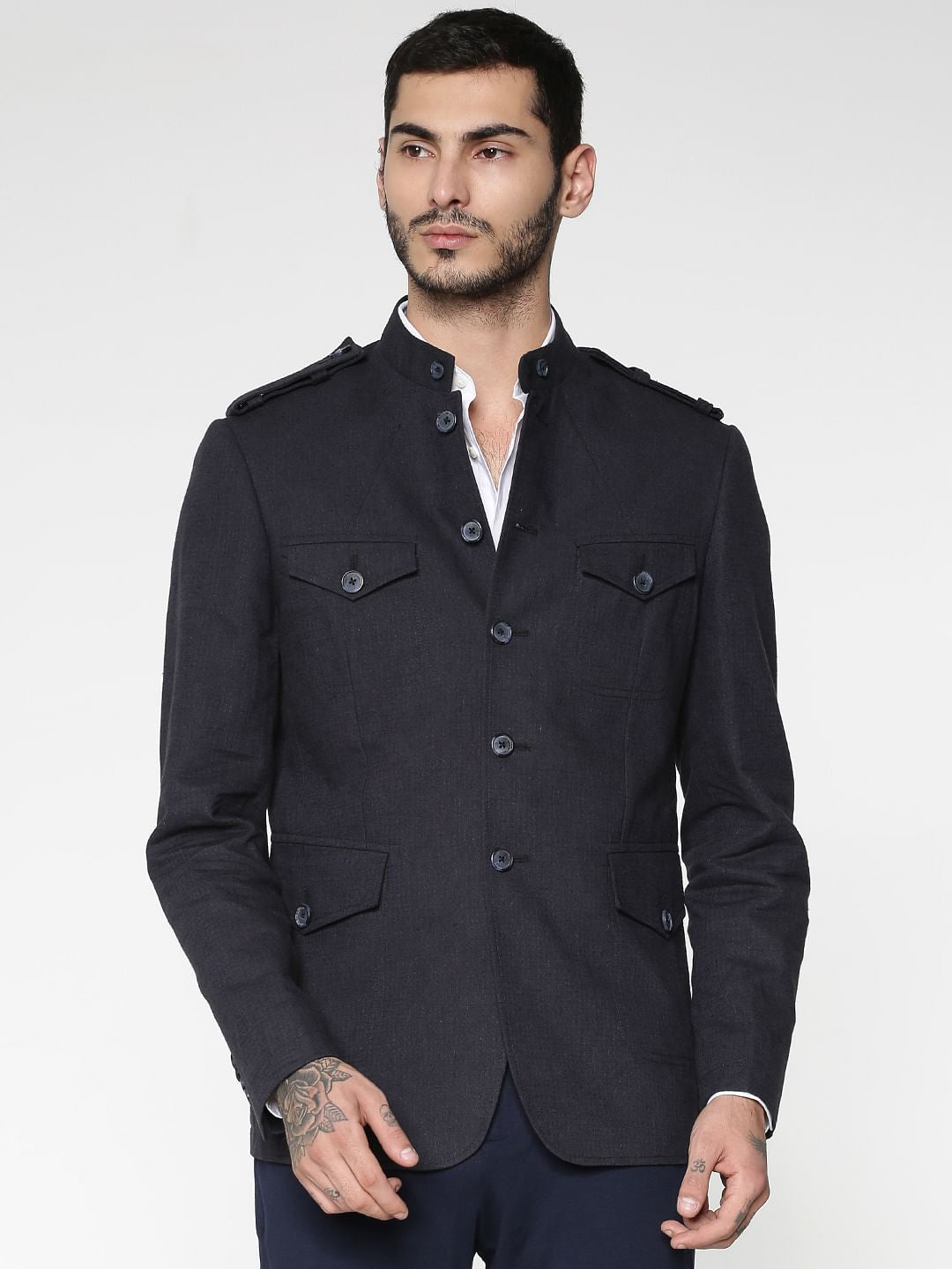 Navy Blue Mandarin Collar Slim Fit Blazer