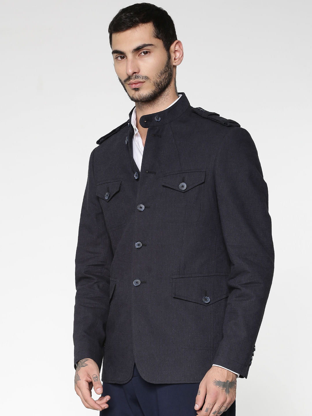 Navy Blue Mandarin Collar Slim Fit Blazer
