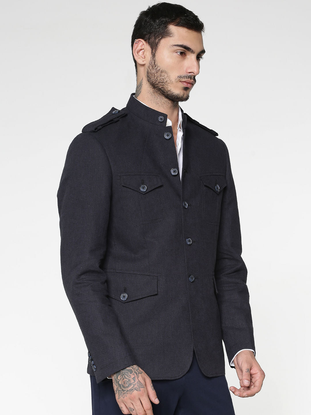 Navy Blue Mandarin Collar Slim Fit Blazer