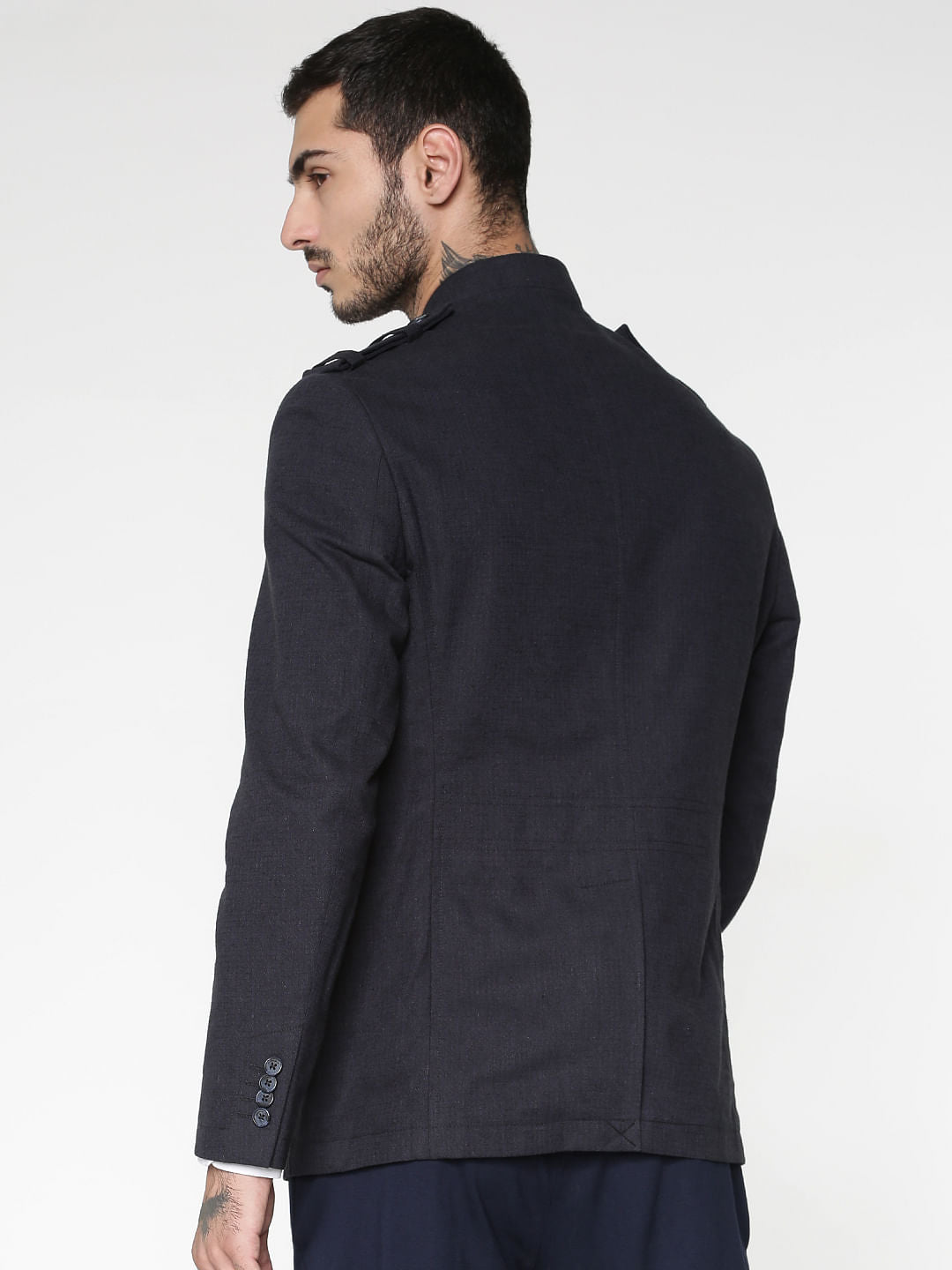 Navy Blue Mandarin Collar Slim Fit Blazer