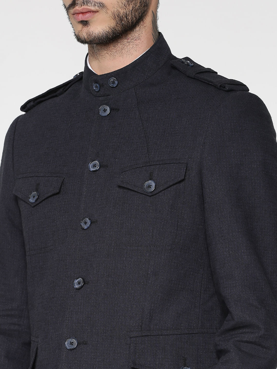 Navy Blue Mandarin Collar Slim Fit Blazer