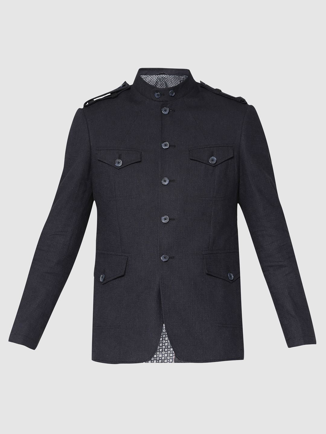 Navy Blue Mandarin Collar Slim Fit Blazer