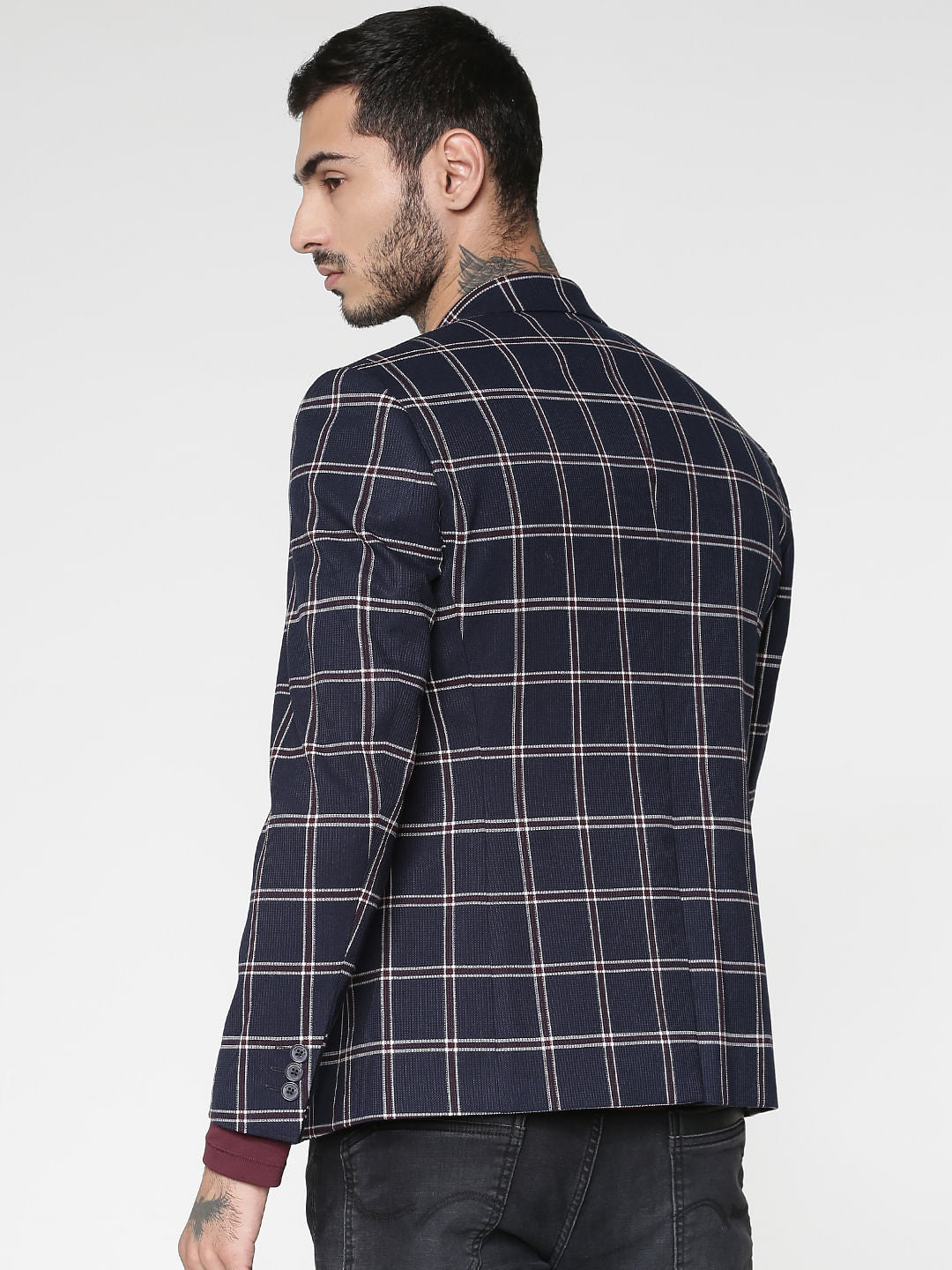 Navy Blue Check Single Button Slim Fit Blazer