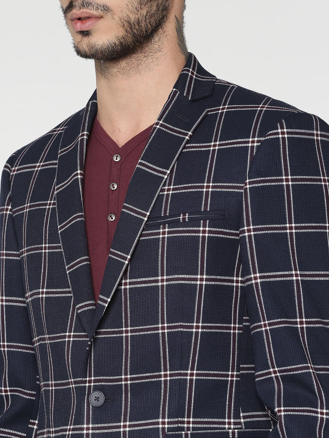 Navy Blue Check Single Button Slim Fit Blazer
