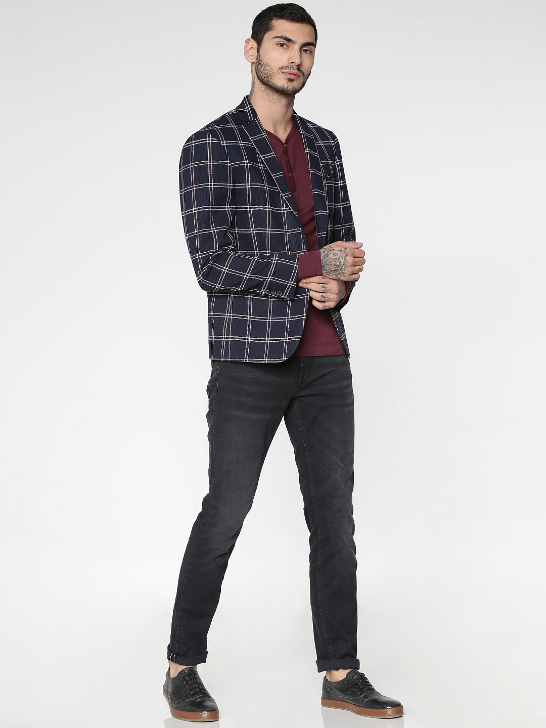 Navy Blue Check Single Button Slim Fit Blazer