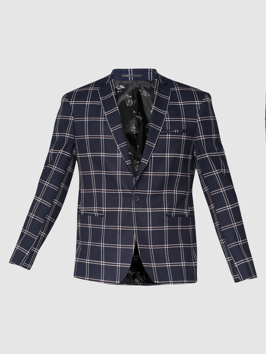 Navy Blue Check Single Button Slim Fit Blazer