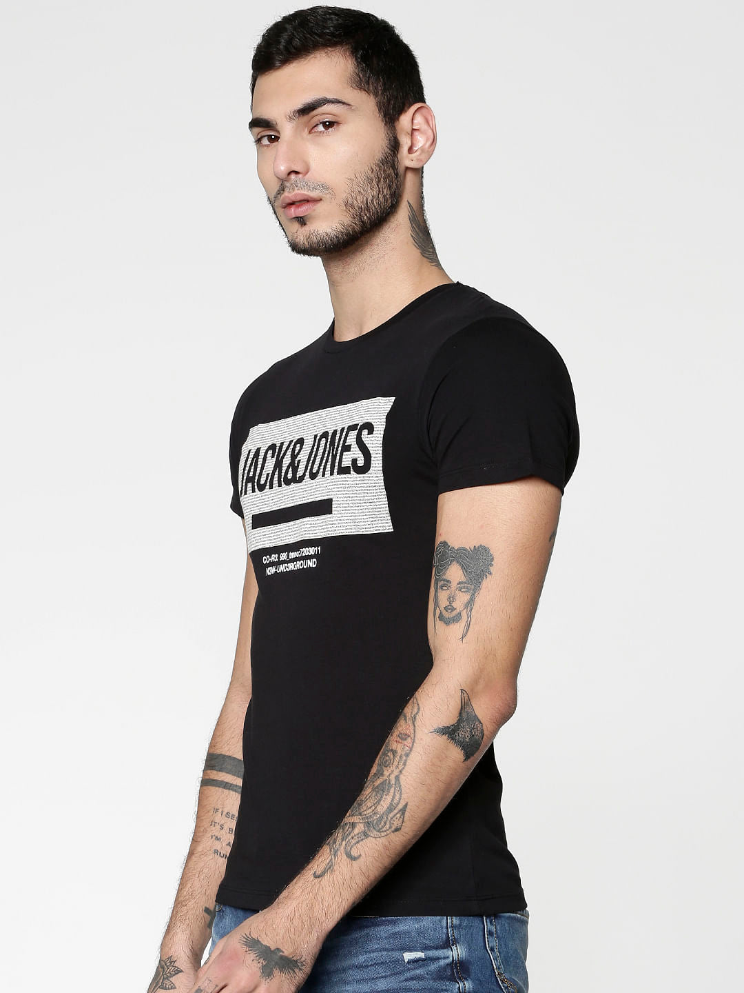 Black Text Print Slim Fit Crew Neck T-Shirt