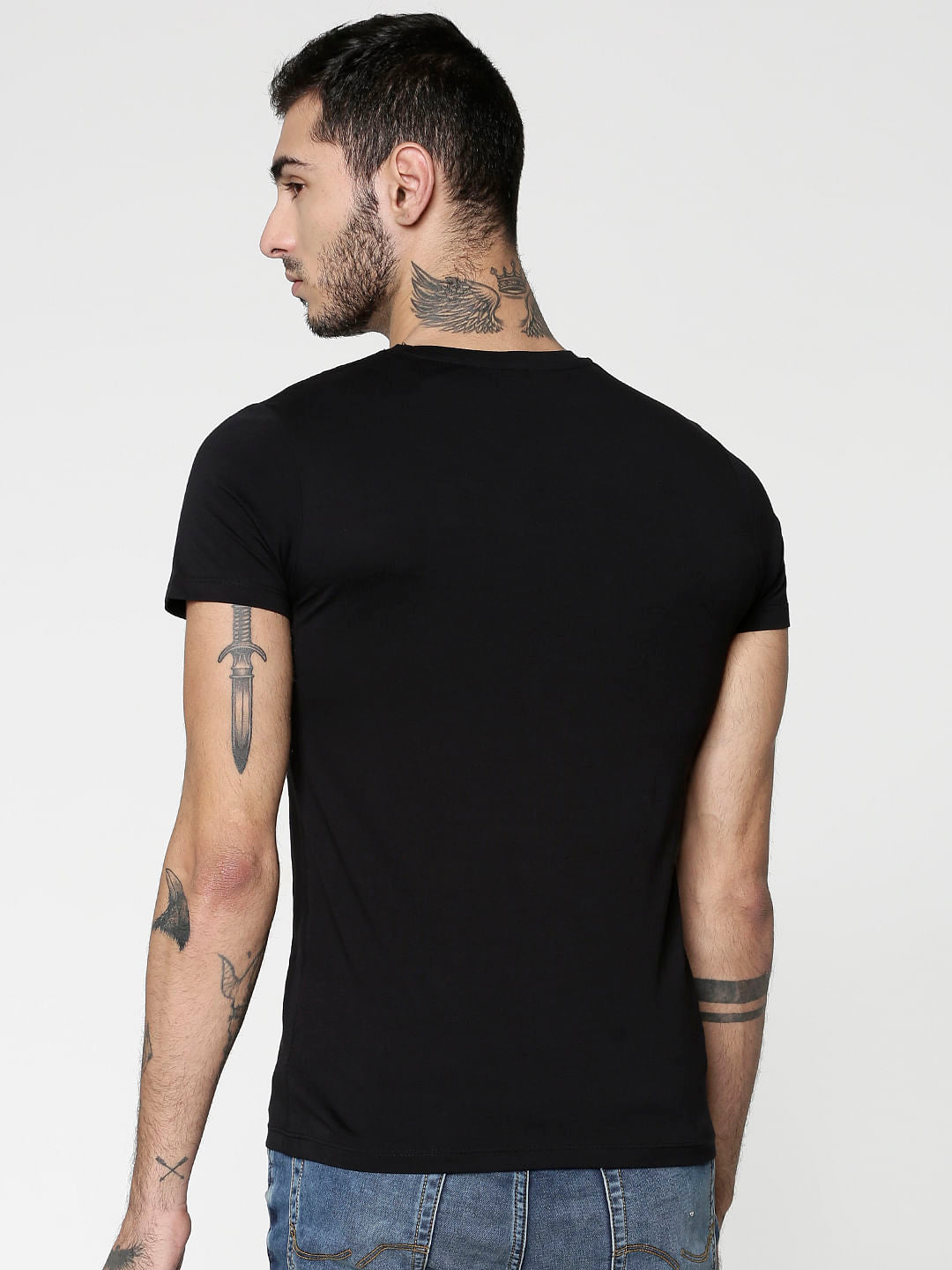 Black Text Print Slim Fit Crew Neck T-Shirt