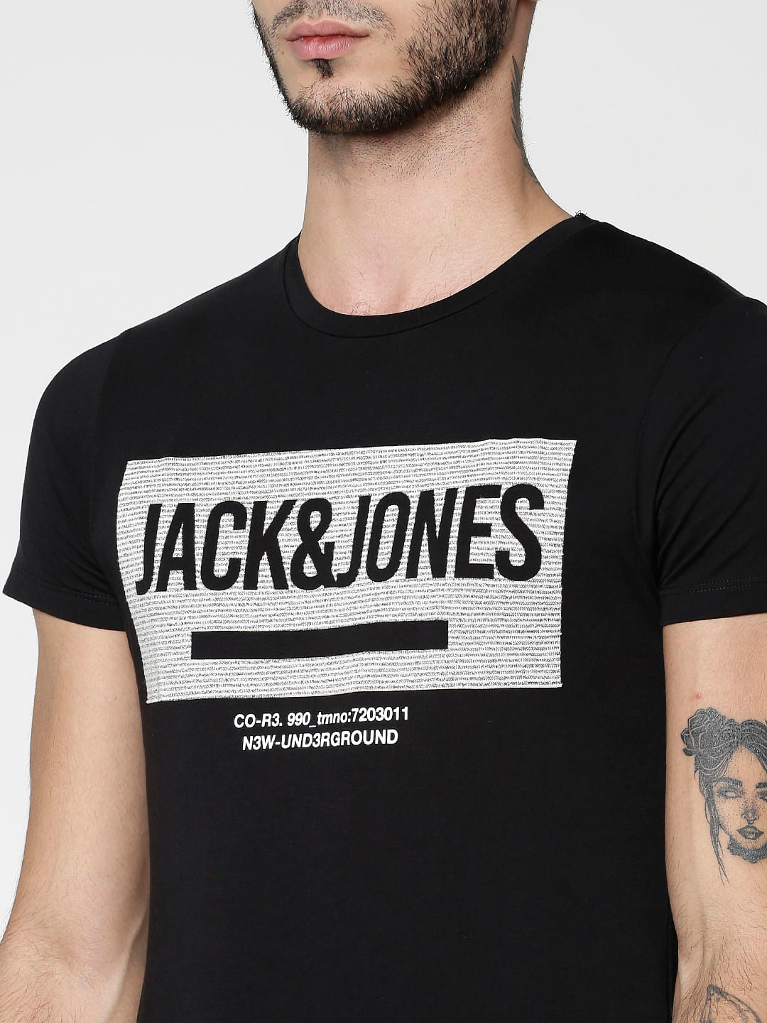 Black Text Print Slim Fit Crew Neck T-Shirt