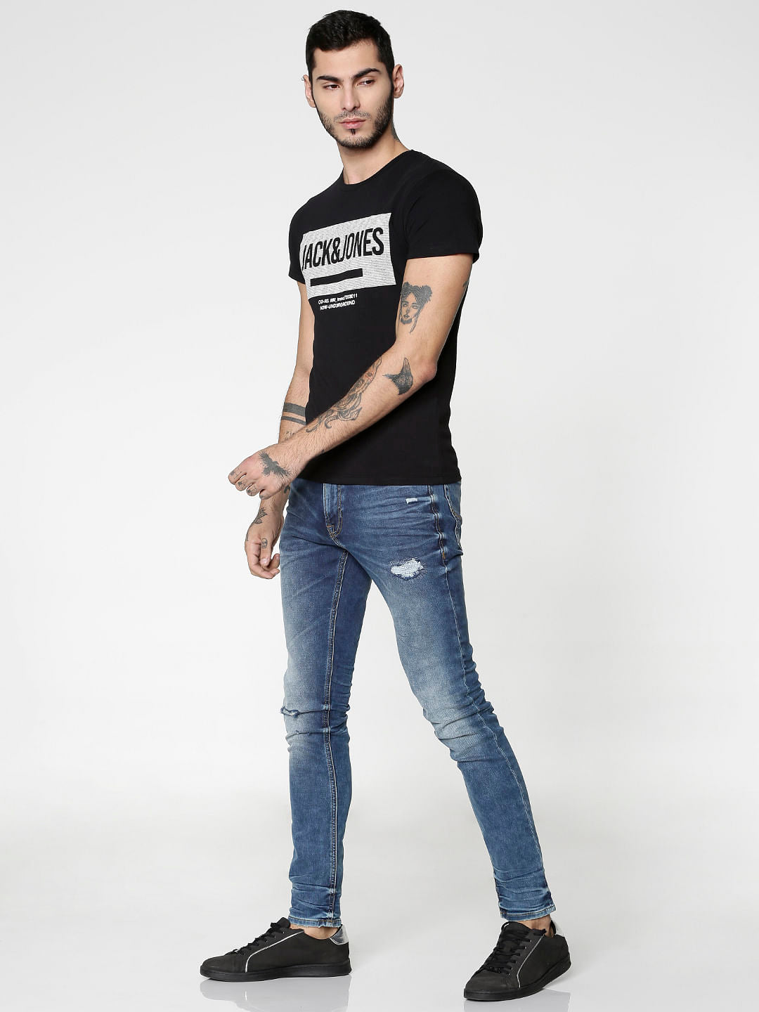 Black Text Print Slim Fit Crew Neck T-Shirt