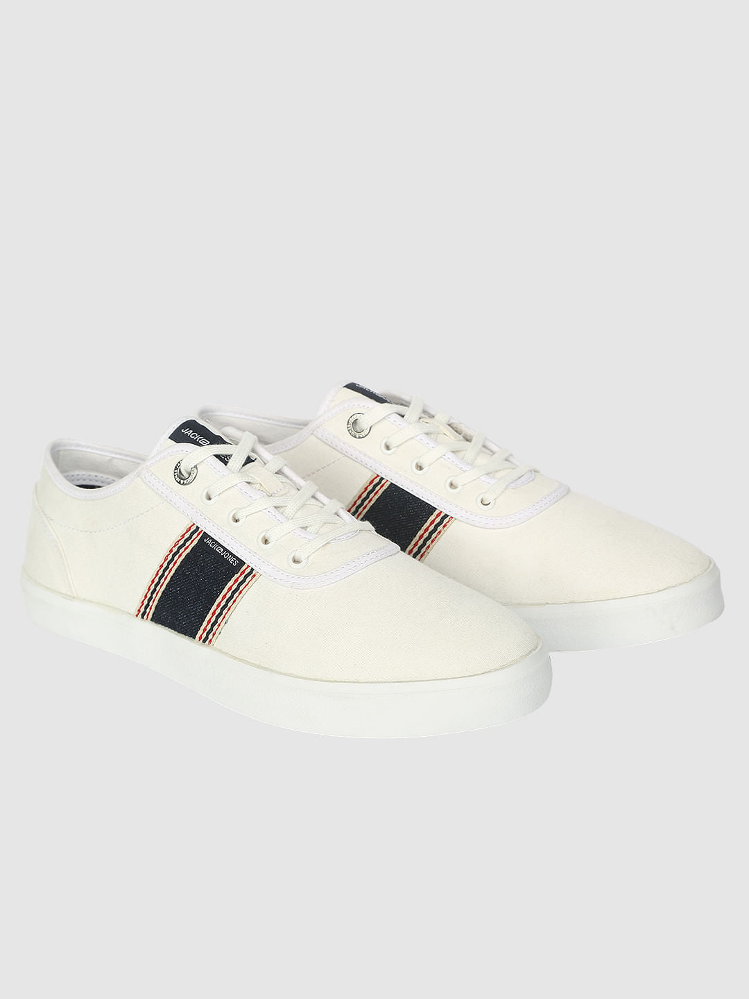 White Contrast Denim Striped Detail Lace Up Sneakers - 6