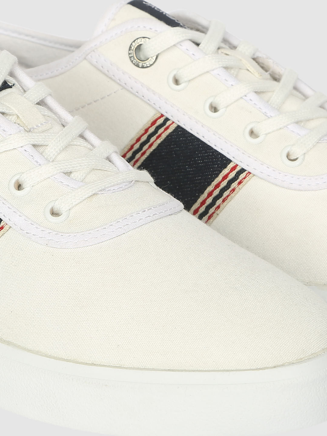 White Contrast Denim Striped Detail Lace Up Sneakers