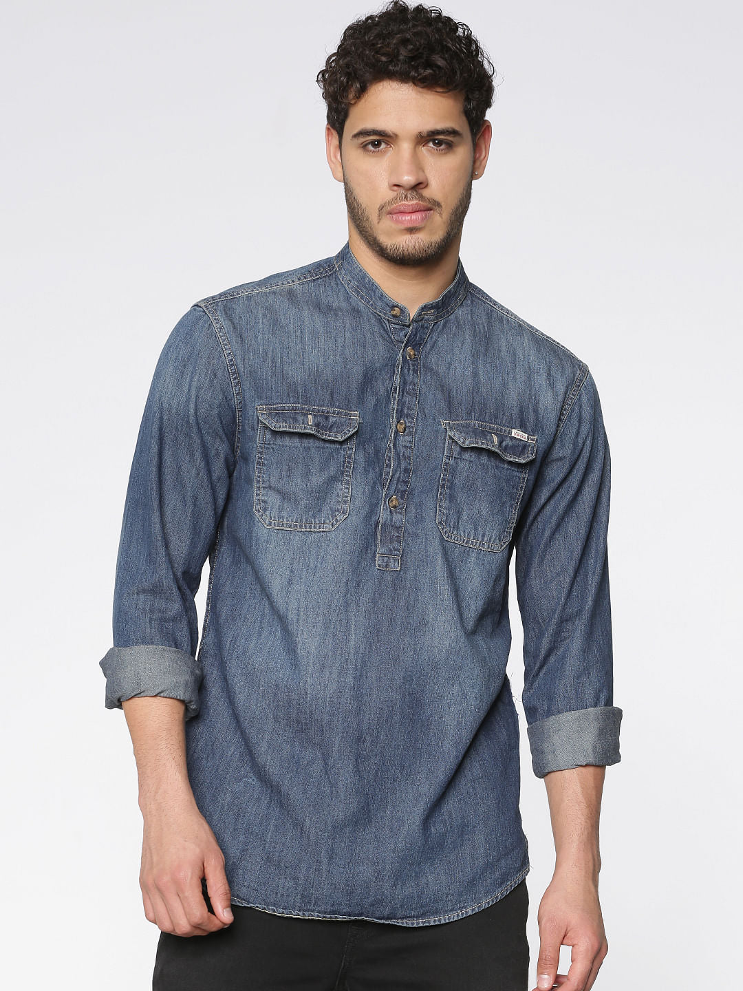 Blue Washed Effect Full Sleeves Denim Shirt - S